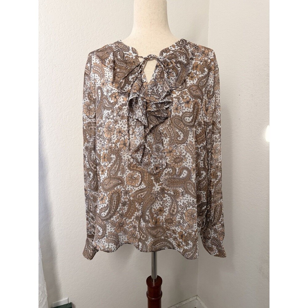 Tommy Hilfiger Womens Size XL Paisley Ruffle Tie Neck Blouse Boho Chic Top